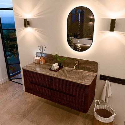 Mondiaz CIRO-DLUX Meuble de salle de bains - 130x45x50cm - Plan vasque Solid surface Oza - 1 vasque à droite - 1 trou de robinet - 4 tiroirs - Ruby