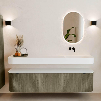 MONDIAZ THOR Meuble de salle de bains 180cm arrondi gauche + droite couleur Shadow avec 2 tiroirs et 2 portes. Vasque suspendue CLOUD Droite sans trou de robinet couleur Talc.