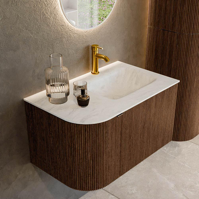 MONDIAZ KURVE-DLUX 75cm badmeubel met module 25 L kleur Walnut met 1 lade en 1 deur. Wastafel GRUNNE rechts 1 kraangat kleur Opalo.