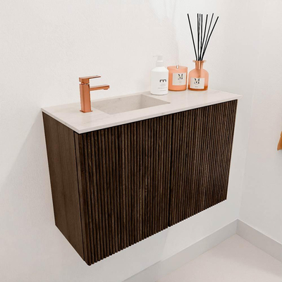 Mondiaz JOYA-DLUX 60cm toiletmeubel - kleur Walnut - Wastafel FAYE positie Links 1 kraangat kleur Meli.