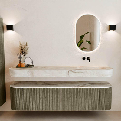 MONDIAZ THOR-DLUX 180cm meuble de salle de bains arrondi gauche + droite couleur Shadow avec 2 tiroirs et 2 portes. Vasque suspendue CLOUD droite sans trou de robinet couleur Frappe.