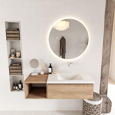 MONDIAZ BUKLA 120cm ensemble de meuble avec module ouvert 40 couleur Chêne Blanchi avec 1 tiroir. Lavabo CLOUD à droite 0 trous de robinet couleur Talc.