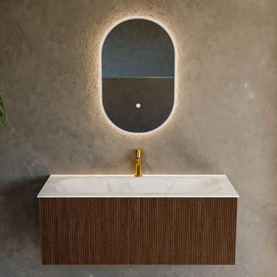 MONDIAZ KURVE-DLUX 110cm badmeubel kleur Walnut met 1 lade. Wastafel BIG MEDIUM midden 1 kraangat kleur Ostra.