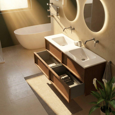 Saniclass Holz Frame Ensemble meuble de salle de bains - 160x45x77.5cm - vasque Torino en solid surface blanc - sans trou de robinetterie - 4 tiroirs - noyer pure mat (bois)