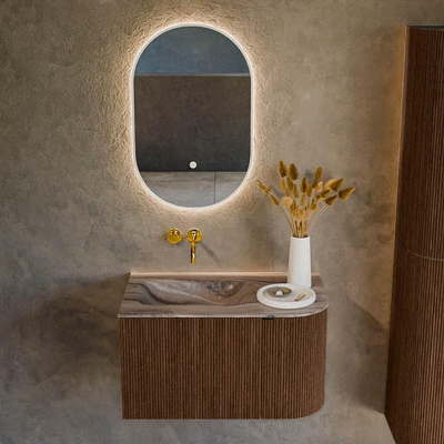 MONDIAZ KURVE-DLUX 75cm badmeubel ronding Rechts kleur Walnut met 1 lade en 1 deur. Wastafel GRUNNE Links zonder kraangat Sombra.