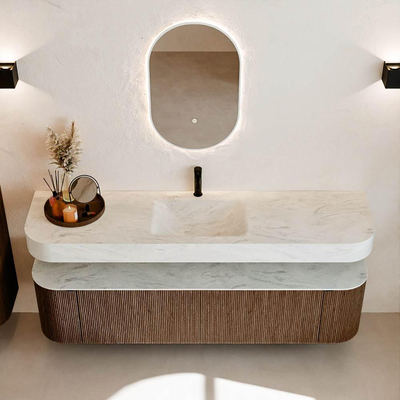 MONDIAZ THOR-DLUX 180cm meuble de salle de bains arrondi gauche + droite couleur Walnut avec 2 tiroirs et 2 portes. Vasque suspendue CLOUD Milieu 1 trou de robinet couleur Opalo.