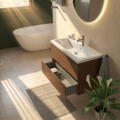 Saniclass Holz Pure Ensemble de meubles de salle de bains - 100x45x63.5cm - Lavabo en céramique Bari blanc - 1 vasque - 1 trou de robinetterie - 2 tiroirs - walnut pure mat (bois)