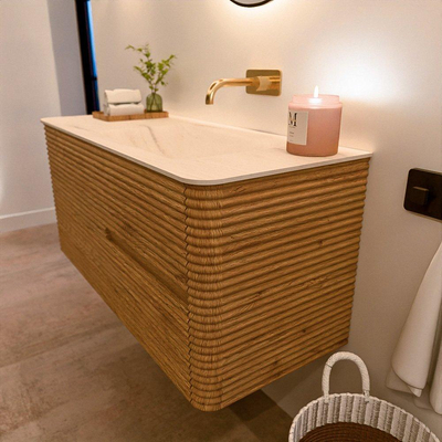 Mondiaz CIRO-DLUX Badkamermeubelset - 110x45x50cm - Solid surface wastafel Meli - 1 wasbak Rechts - zonder kraangaten - 2 lades - Oak