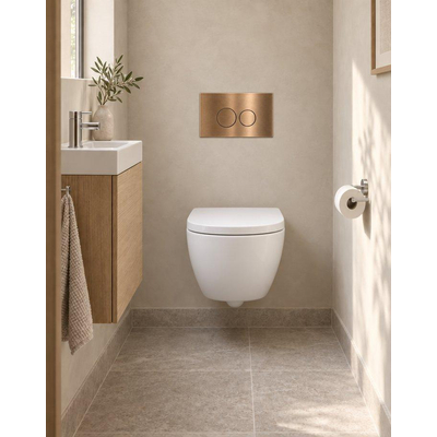 QeramiQ Dely Swirl Compact Toiletset - inbouwreservoir Geberit UP320 - met Burda frame - 25mm zitting - metalen bedieningsplaat koper - ronde knoppen - mat wit
