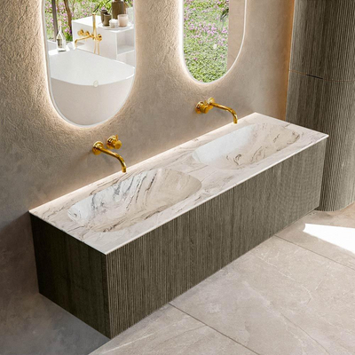 Mondiaz KURVE-DLUX Badkamermeubelset - 150x46x40cm - 2 lade - wastafel solid surface - dubbel - zonder kraangat - Shadow