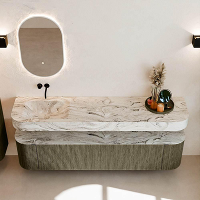 MONDIAZ THOR-DLUX Meuble de salle de bains - 190cm - arrondi gauche + droite - couleur Shadow - 2 tiroirs et 2 portes - Vasque suspendue CLOUD Gauche sans trou de robinet - couleur Glace