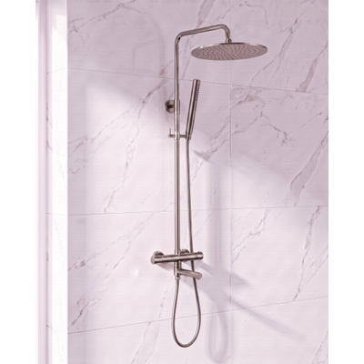 Fortifura Calvi Regendoucheset - thermostatisch - 25cm hoofddouche - gladde slang - staaf handdouche - draaibare baduitloop - Geborsteld Gunmetal PVD
