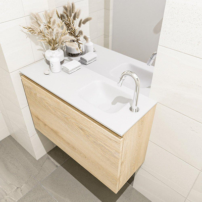 MONDIAZ OLAN Kit lave-mains - 80x30x40cm - 1 trou de robinet - 1 tiroir - chêne blanchi mat - lavabo à droite - Solid Surface Blanc