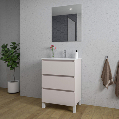 Saniclass Chaci PLUS Ensemble meuble de salle de bains - 60x86x46cm - vasque en céramique blanche - 1 vasque ovale - 1 trou de robinet - 3 tiroirs - miroir rectangulaire - cotton mat (beige)