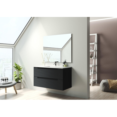 Saniclass Prime Balance Meuble de salle de bain - 100x55x45cm - 1 vasque rectangulaire en céramique blanc - 1 trou de robinet - 2 tiroirs - miroir rectangulaire - noir mat