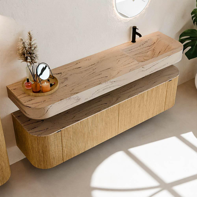 MONDIAZ THOR-DLUX 180cm badmeubel ronding links + rechts kleur Oak met 2 lades en 2 deuren. Vrijhangende wastafel CLOUD Rechts 1 kraangat kleur Arena.