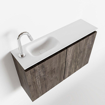 MONDIAZ TURE Kit lave-mains - 80x23x50cm - 1 trou de robinet - 2 portes - marron foncé mat - Lavabo à gauche - Acrylique Blanc