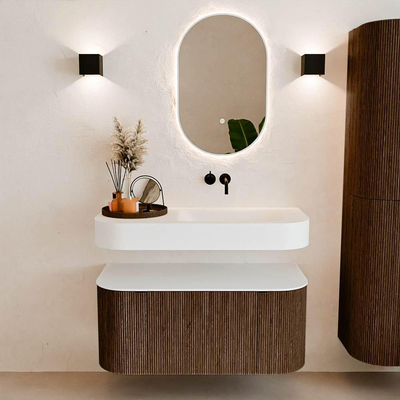 MONDIAZ THOR 100cm meuble de salle de bains arrondi gauche + droite couleur Walnut avec 1 tiroir et 2 portes. Vasque suspendue CLOUD Droite sans trou de robinet couleur Talc.