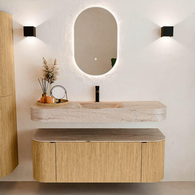 MONDIAZ THOR-DLUX Meuble de salle de bains 130cm arrondi gauche + droite couleur Oak avec 1 tiroir et 2 portes. Vasque suspendue CLOUD Milieu 1 trou de robinet couleur Saba.