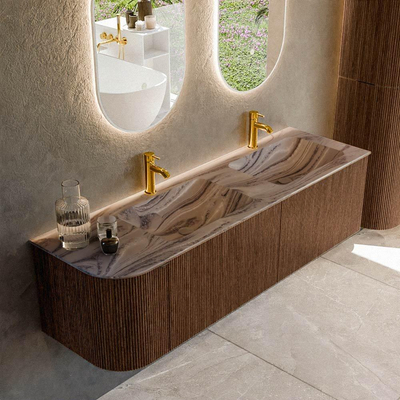 MONDIAZ KURVE-DLUX Meuble de salle de bains 155 cm arrondi à gauche couleur Walnut avec 2 tiroirs et 1 porte. Lavabo LEAF Double / Droite 2 trous de robinet Sombra.