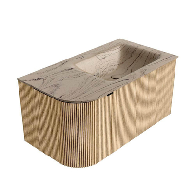 MONDIAZ KURVE-DLUX Meuble de salle de bains 85cm arrondi gauche couleur Oak avec 1 tiroir et 1 porte. Lavabo CLOUD à droite sans trou de robinet Arena.