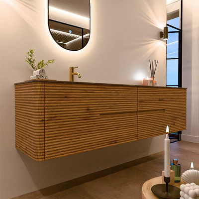Mondiaz CIRO-DLUX Ensemble de meubles de salle de bains - 190x45x50cm - Plan vasque solid surface Sombra - 1 lavabo à gauche - 1 trou de robinet - 4 tiroirs - Chêne