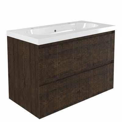 Saniclass Holz Atelier Ensemble meuble de salle de bains - 100x45x63.5cm - lavabo en céramique Palermo blanc - 1 vasque - 2 trous de robinetterie - 2 tiroirs - chêne charcoal mat (bois)