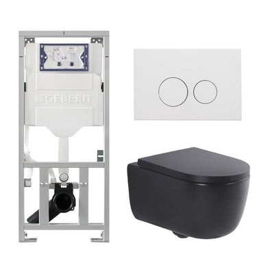 QeramiQ Dely Swirl Ensemble WC - 36.3x51.7cm - Réservoir encastré Geberit UP320 - Abattant de 35mm d'épaisseur - Plaque de commande en métal blanc mat - Boutons ronds - Noir mat