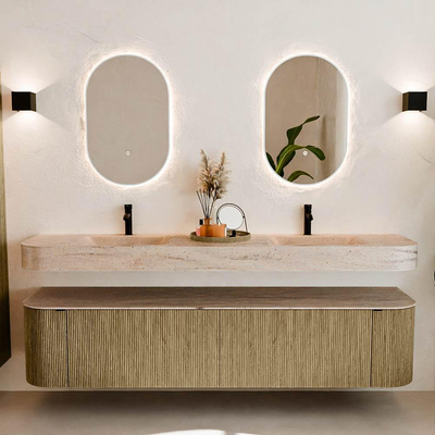 MONDIAZ THOR-DLUX 200cm meuble de salle de bains arrondi gauche + droite couleur Dusk avec 2 tiroirs et 2 portes. Vasque suspendue CLOUD Double 2 trous de robinet couleur Saba.