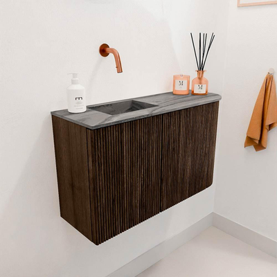Mondiaz JOYA-DLUX 71.6cm toiletmeubel - ronding rechts kleur Walnut - Wastafel FAYE positie Links Zonder kraangat kleur Sombra.