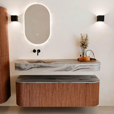 MONDIAZ THOR-DLUX 140cm meuble de salle de bains arrondi gauche + droite couleur Ruby avec 1 tiroir et 2 portes. Vasque suspendue CLOUD Gauche sans trou de robinet couleur Sombra.