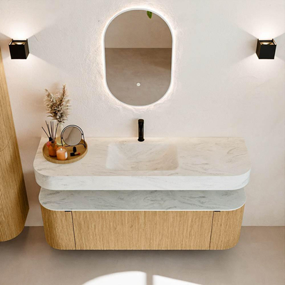 MONDIAZ THOR-DLUX 150cm meuble de salle de bains arrondi gauche + droite couleur Oak avec 1 tiroir et 2 portes. Vasque suspendue CLOUD Milieu 1 trou de robinet couleur Opalo.