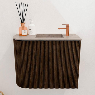 Mondiaz JOYA-DLUX 51.6cm toiletmeubel - ronding links kleur Walnut - Wastafel FAYE positie Rechts 1 kraangat kleur Saba.