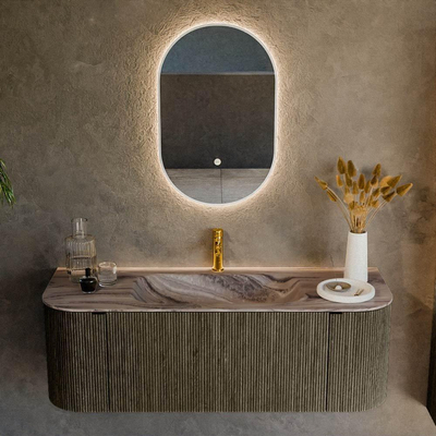 MONDIAZ KURVE-DLUX 130cm badmeubel ronding Links + Rechts kleur Shadow met 1 lade en 2 deuren. Wastafel BIG SMALL Midden 1 kraangat Sombra.