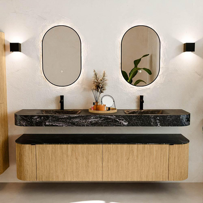 MONDIAZ THOR-DLUX Meuble de salle de bains 190cm arrondi gauche + droite couleur Chêne avec 2 tiroirs et 2 portes. Vasque suspendue CLOUD Double 2 trous de robinet couleur Lava.