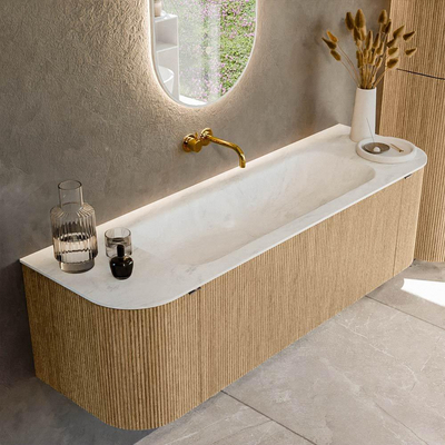 MONDIAZ KURVE-DLUX Meuble de salle de bains 150 cm avec module 25 Len R couleur Chêne avec 1 tiroir et 2 portes. Lavabo BIG MEDIUM central sans trou de robinet couleur Opalo.