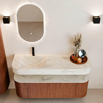 MONDIAZ THOR-DLUX 140cm meuble de salle de bains arrondi gauche + droite couleur Ruby avec 1 tiroir et 2 portes. Vasque suspendue CLOUD Gauche 1 trou de robinet couleur Ostra.