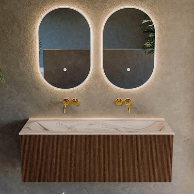 MONDIAZ KURVE-DLUX 120cm badmeubel kleur Walnut met 1 lade en 0 deuren. Wastafel BIG LARGE Midden zonder kraangat Nata.