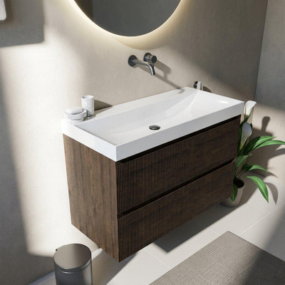 Saniclass Holz Atelier Ensemble de meubles de salle de bains - 100x45x67,5cm - lavabo Wave en céramique - 1 vasque - sans trou de robinetterie - 2 tiroirs - chêne charcoal mat (bois)