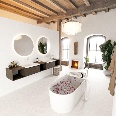 MONDIAZ BUKLA 240cm ensemble de meuble avec module ouvert 40 L+M+R couleur Marron Foncé avec 2 tiroirs. Lavabo CLOUD double 0 trous de robinet couleur Talc.