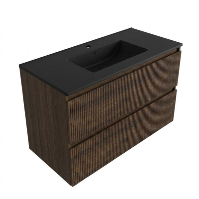 Saniclass Holz Atelier Ensemble de meubles de salle de bains - 100x45x62cm - Lavabo en céramique Vygo noir - 1 vasque - 1 trou de robinetterie - 2 tiroirs - chêne charcoal mat (bois)
