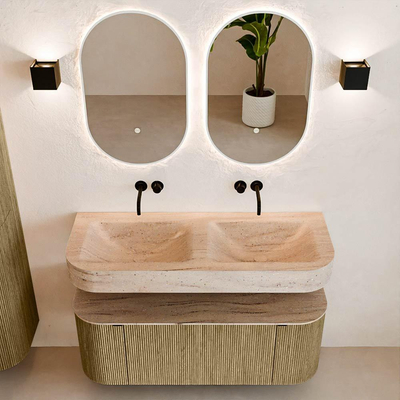 MONDIAZ THOR-DLUX 120cm meuble de salle de bains arrondi gauche + droite couleur Dusk avec 1 tiroir et 2 portes. Vasque suspendue CLOUD Double sans trou de robinet couleur Saba.