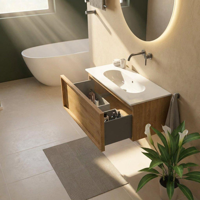 Saniclass Holz Frame Ensemble de meubles de salle de bains - 100x45x53.9cm - Chaci lavabo en céramique blanc - 1 vasque - sans trou de robinetterie - 1 tiroir - chêne natural mat (bois)