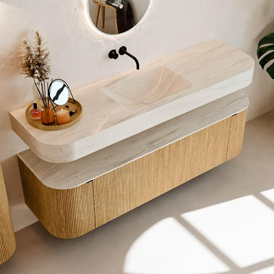 MONDIAZ THOR-DLUX 160cm badmeubel ronding links + rechts kleur Oak met 1 lade en 2 deuren. Vrijhangende wastafel CLOUD Midden zonder kraangat kleur Meli.