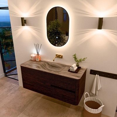 Mondiaz CIRO-DLUX Badkamermeubelset - 120x45x50cm - Solid surface wastafel Sombra - 1 wasbak Midden - zonder kraangaten - 2 lades - Walnut