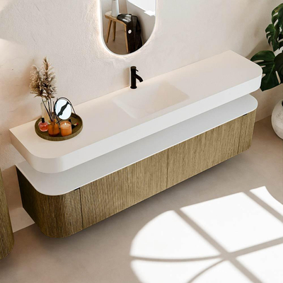 MONDIAZ THOR 200cm meuble de salle de bains arrondi gauche + droite couleur Dusk avec 2 tiroirs et 2 portes. Vasque suspendue CLOUD Milieu 1 trou de robinet couleur Talc.