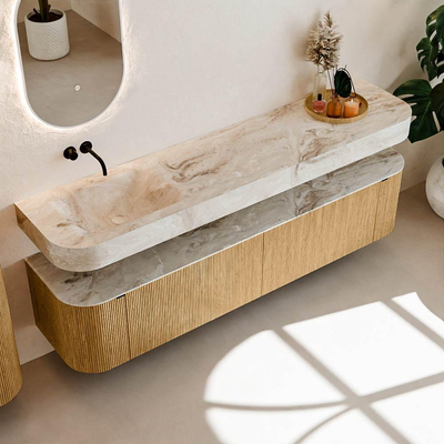 MONDIAZ THOR-DLUX 200cm meuble de salle de bains arrondi gauche + droite couleur Oak avec 2 tiroirs et 2 portes. Vasque suspendue CLOUD Gauche sans trou de robinet couleur Frappe.