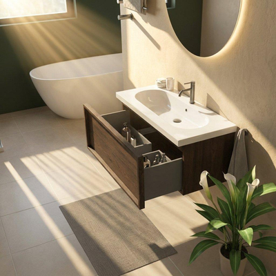 Saniclass Holz Frame Ensemble meuble de salle de bains - 100x45x43.5cm - Palermo lavabo en céramique blanc - 1 vasque - 1 trou de robinetterie - 1 tiroir - chêne charcoal mat (bois)