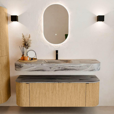 MONDIAZ THOR-DLUX 140cm badmeubel ronding links + rechts kleur Oak met 1 lade en 2 deuren. Vrijhangende wastafel CLOUD Midden 1 kraangat kleur Sombra.