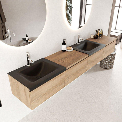 Mondiaz BUKLA badkamermeubelset 240x45x34cm 2 kraangaten 2 wasbakken solid surface Urban greeploos 4 lades met softclose Melamine Washed Oak